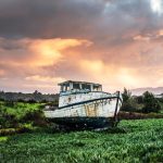 Fishing boat in a field